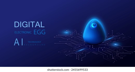 Huevo electrónico digital del juguete con el símbolo del interruptor en el tablero del circuito. Fondo de aire de Pascua en estilo tecnológico. Ilustración de tecnología de Vector.	
