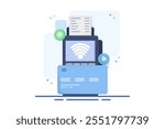 digital or electronic transaction concept, Contactless Payment. Hand holding payment card near POS terminal to pay. Transaction with NFC technology. Flat vector illustration on background.