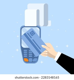 digitales oder elektronisches Transaktionskonzept, kontaktlose Zahlung. Menschliche Hand, die eine Kredit- oder Debitkarte in der Nähe von POS Terminal zu zahlen. Transaktionen mit NFC-Technologie. Vektorgrafik