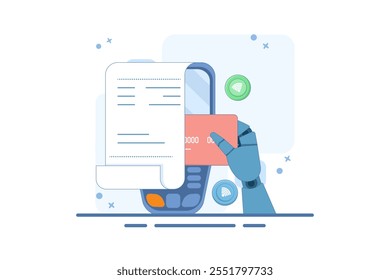 concepto de transacción digital o electrónica, pago sin contacto. Mano que sostiene la tarjeta de pago cerca del terminal del punto de venta para pagar. Transacción con tecnología NFC. Ilustración vectorial plana sobre fondo.