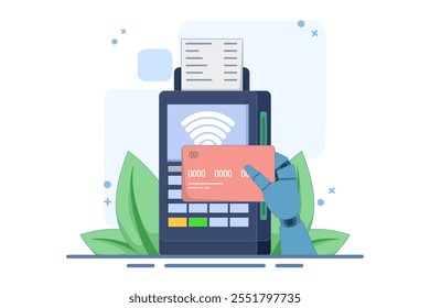 digital or electronic transaction concept, Contactless Payment. Hand holding payment card near POS terminal to pay. Transaction with NFC technology. Flat vector illustration on background.