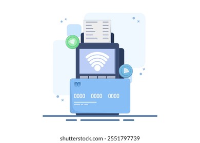 concepto de transacción digital o electrónica, pago sin contacto. Mano que sostiene la tarjeta de pago cerca del terminal del punto de venta para pagar. Transacción con tecnología NFC. Ilustración vectorial plana sobre fondo.