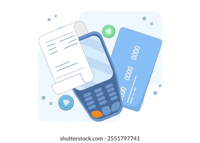 concepto de transacción digital o electrónica, pago sin contacto. Mano que sostiene la tarjeta de pago cerca del terminal del punto de venta para pagar. Transacción con tecnología NFC. Ilustración vectorial plana sobre fondo.