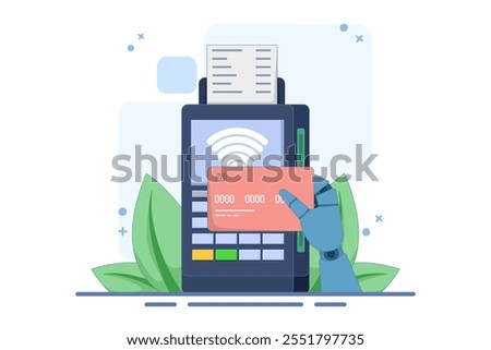 digital or electronic transaction concept, Contactless Payment. Hand holding payment card near POS terminal to pay. Transaction with NFC technology. Flat vector illustration on background.