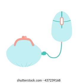 Digital electronic wallet concept. Vector illustration of computer mouse connected to a purse with usb cable. Modern banking technology, online bills payment, shopping, e-commerce in flay style