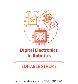 Digital electronics in robotics red concept icon. Computer chip and microscheme idea thin line illustration. Processor, hardware element. Vector isolated outline drawing. Editable stroke