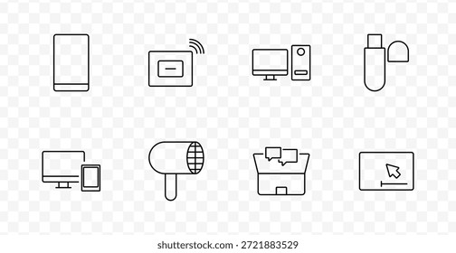 Icono de conjunto de electrónica digital. Los iconos incluyen teléfono inteligente, enrutador, escritorio, unidad flash, monitor, secador de pelo, bandeja de entrada y pantalla de cursor relacionados con la computación y los dispositivos conectados.