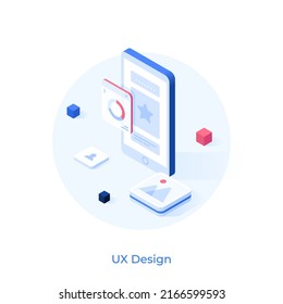 Digital elements or blocks of app on cellphone screen. Concept of innovative UX or user experience design, mobile application interface. Modern vector illustration in isometric style for poster.