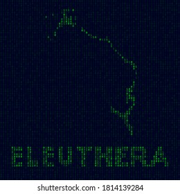 Digital Eleuthera logo. Island symbol in hacker style. Binary code map of Eleuthera with island name. Modern vector illustration.