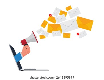 Digital email marketing concept featuring envelopes and a megaphone on a laptop screen. Vector illustration. Stock illustration.