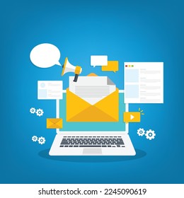 Digital email marketing. Reaching online audience with email marketing campaign, newsletter subscription. Sending marketing messages via email. Vector illustration - Shutterstock ID 2245090619