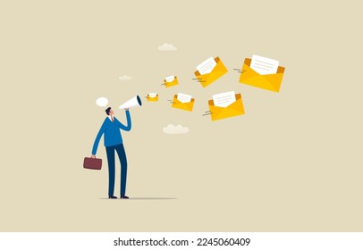 Digital or Email marketing. Sending email newsletter for discount or promotion. Public relations for marketing members. Businessman holding megaphone standing promoting email marketing.