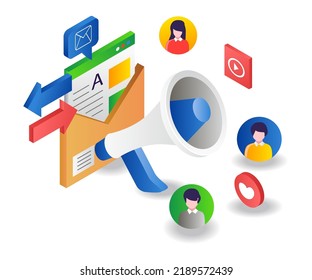 Tecnología de marketing de correo electrónico digital en ilustración isométrica plana