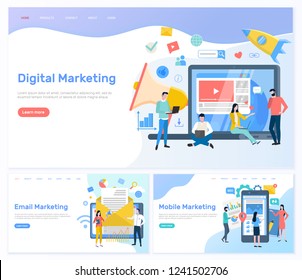 Digital and email, mobile marketing working people vector. Web and internet usage for promotion, rocket and startup of company, workers busy with work