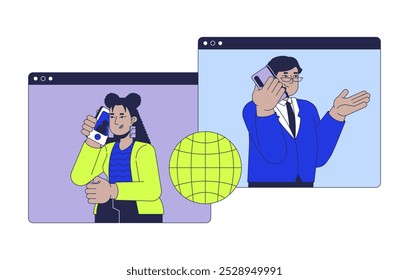 Digital employees communication global 2D illustration concept. Consultation international call making cartoon characters isolated on white. Customer service metaphor abstract flat vector graphic