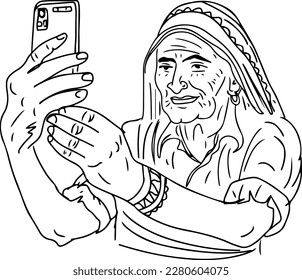 Digital Empowerment: A Rural Indian Woman's Selfie sketch drawing, Video-Calling Home: A Village Woman's Modern Touch