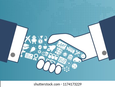 Digital enabled global trade concept with illustration of handshake between business men. 