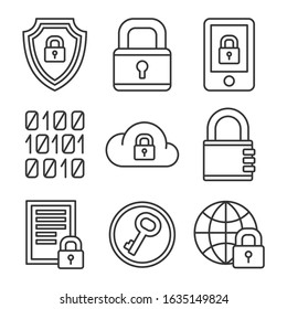 Digital Encrypt Technology Security Icons Set. Line Style Vector