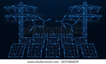 Digital energy network. Integration of solar panels, wind turbines and power transmission lines. Low-poly design of interconnected lines and dots.