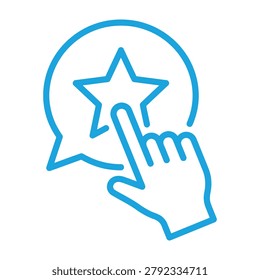 Digital engagement icon featuring a hand pointer touching a star in speech bubble interaction feedback engagement