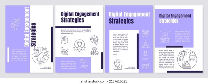 Digital engagement strategies purple brochure template. Leaflet design with linear icons. Editable 4 vector layouts for presentation, annual reports. Anton, Lato-Regular fonts used