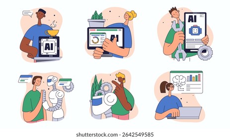 Digital engineering concept set for web design. Collection with people interact with ai technology, machine learning, robotics science, more. Flat vector illustration isolated on white background.