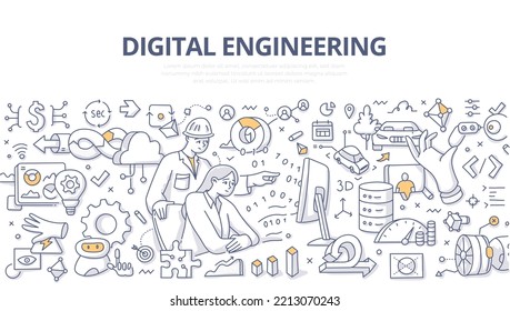 Digital engineering. Engineers are creating digital virtual models in advance of constructing physical objects. Doodle vector illustration