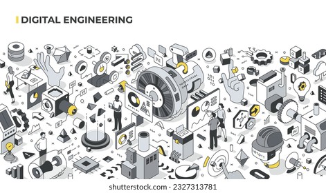 Digitale Engineering isometrische Illustration. Industrie 4.0. Die Menschen nutzen Computertechnologien, um Produktivität, Qualität und Effizienz im Bereich Ingenieurwesen und Produktentwicklung zu steigern