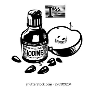 Digital engraving - black and white vector - line drawing - iodine and apple

