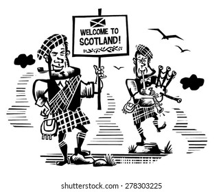 Digital engraving - black and white vector - line drawing - welcome to Scotland
