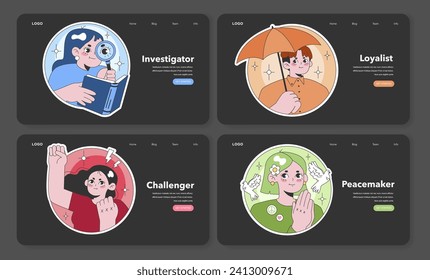 Digital enneagram guide. Investigator, Loyalist, Challenger, and Peacemaker icons for interactive personality exploration. Web interface design. Flat vector illustration