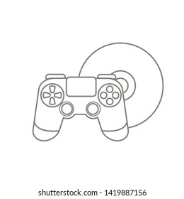 Digital entertainment objects. Vector Isolated Graphic Design Illustration, Icon, Art, Elements. Simple, flat, clear, outline, line art style. DVD-disc, CD-disc or other, video games controller.