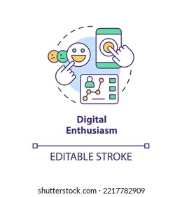 Digital Enthusiasm Concept Icon. Strong Interest Audience. High User Activity Abstract Idea Thin Line Illustration. Isolated Outline Drawing. Editable Stroke. Arial, Myriad Pro-Bold Fonts Used