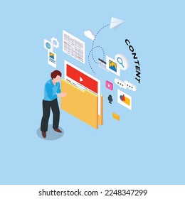 Digitaler Unternehmer mit Content Strategy isometrisches 3D Vektorgrafik Konzept für Banner, Website, Illustration, Landing Page, Flyer, etc.