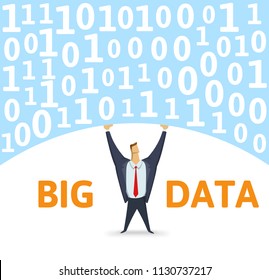 Digital environment. Strong man holding bulk of big digital data above his head on white background. Flat vector illustration.