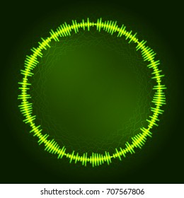 Digital equalizer. Acid green lines with wavy circles. Musical frame background. Easy to recolor. Eps10 vector.