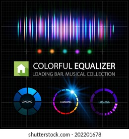 Digital equalizer with loading bar set. Vector illustration