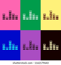 Digital equalizer. Simple icon. Pop art style. Scratched icons on 6 colour backgrounds. 
