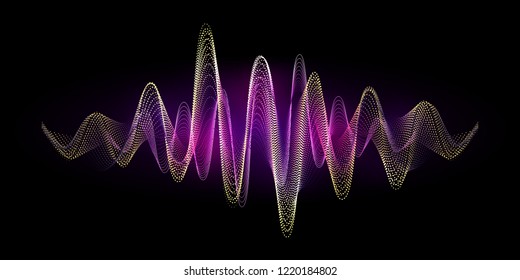 Digital equalizer sound wave vector illustration. Music neon background. Illuminated digital wave of glowing particles. HUD element technology concept. Dynamic light flow with neon light effect.