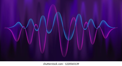 Digital equalizer sound wave vector illustration. Music neon background. Illuminated digital audio wave of glowing particles. Sound frequency waveform. Dynamic light flow with neon light effect.