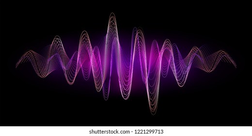 Digital equalizer sound wave vector illustration. Music neon background. Illuminated digital audio wave of glowing particles. Sound frequency waveform. Dynamic light flow with neon light effect.