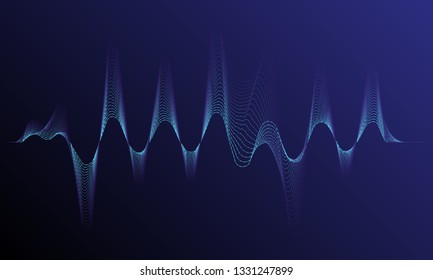 Digital equalizer sound wave vector illustration. Music neon background. Illuminated digital audio wave of glowing particles. Sound frequency waveform. Dynamic light flow with neon light effect.