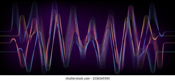Digital equalizer sound wave vector illustration. Music neon light background. Illuminated digital wave of glowing particles. HUD element technology concept. Dynamic light flow with neon light effect.