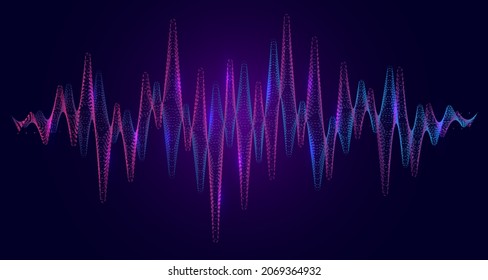 Digital equalizer sound wave vector illustration. Music neon background. Illuminated digital audio wave of glowing particles. Sound frequency waveform. Dynamic light flow with neon light effect.