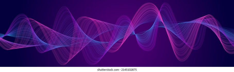Digital equalizer sound wave vector illustration. Music neon background. Illuminated digital audio wave. Sound frequency waveform. Dynamic light flow with neon light effect. Web header.