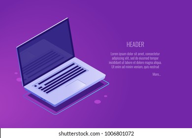 Digital equipment banner with open laptop computer, hi-tech concept, programming and application development isometric vector illustration on violet background 