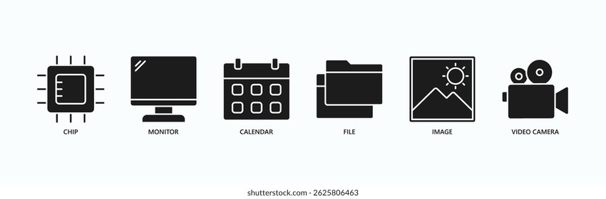 Digital Essentials Icon Set Isolated Vector Illustration Concept With Icon Of Chip, Monitor, Calendar, File, Image, Video Camera In Glyph Style