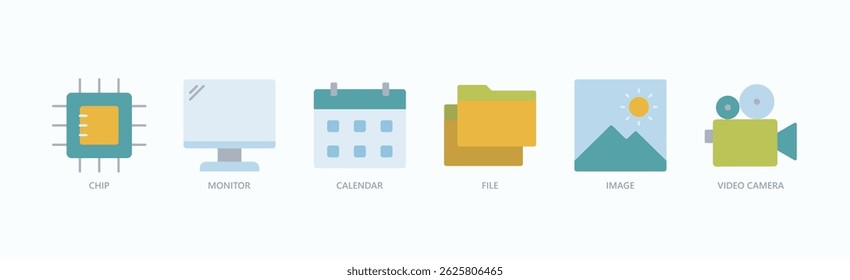 Digital Essentials Icon Set Isolated Vector Illustration Concept With Icon Of Chip, Monitor, Calendar, File, Image, Video Camera In Flat Style