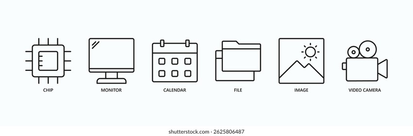 Digital Essentials Icon Set Isolated Vector Illustration Concept With Icon Of Chip, Monitor, Calendar, File, Image, Video Camera In Outline Style
