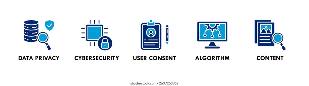 Digital Ethics banner web icon vector illustration concept with icons of data privacy, cybersecurity, user consent, algorithm, and content